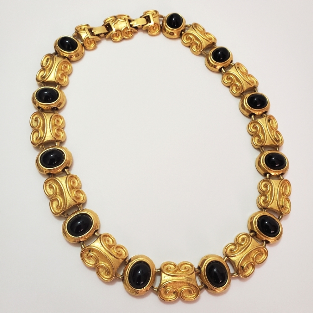 Vintage Oscar de la Renta - Gold Tone Statement Necklace with Black Cabochons